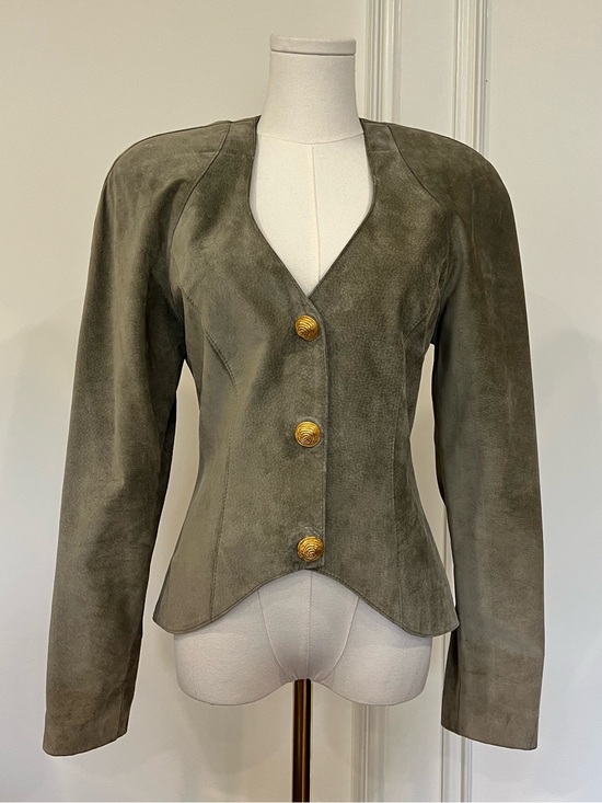 Danier Jackets & Blazers - Danier Vintage Sage Suede Sweetheart Neck Peplum Blazer Jacket Gold Buttons XS